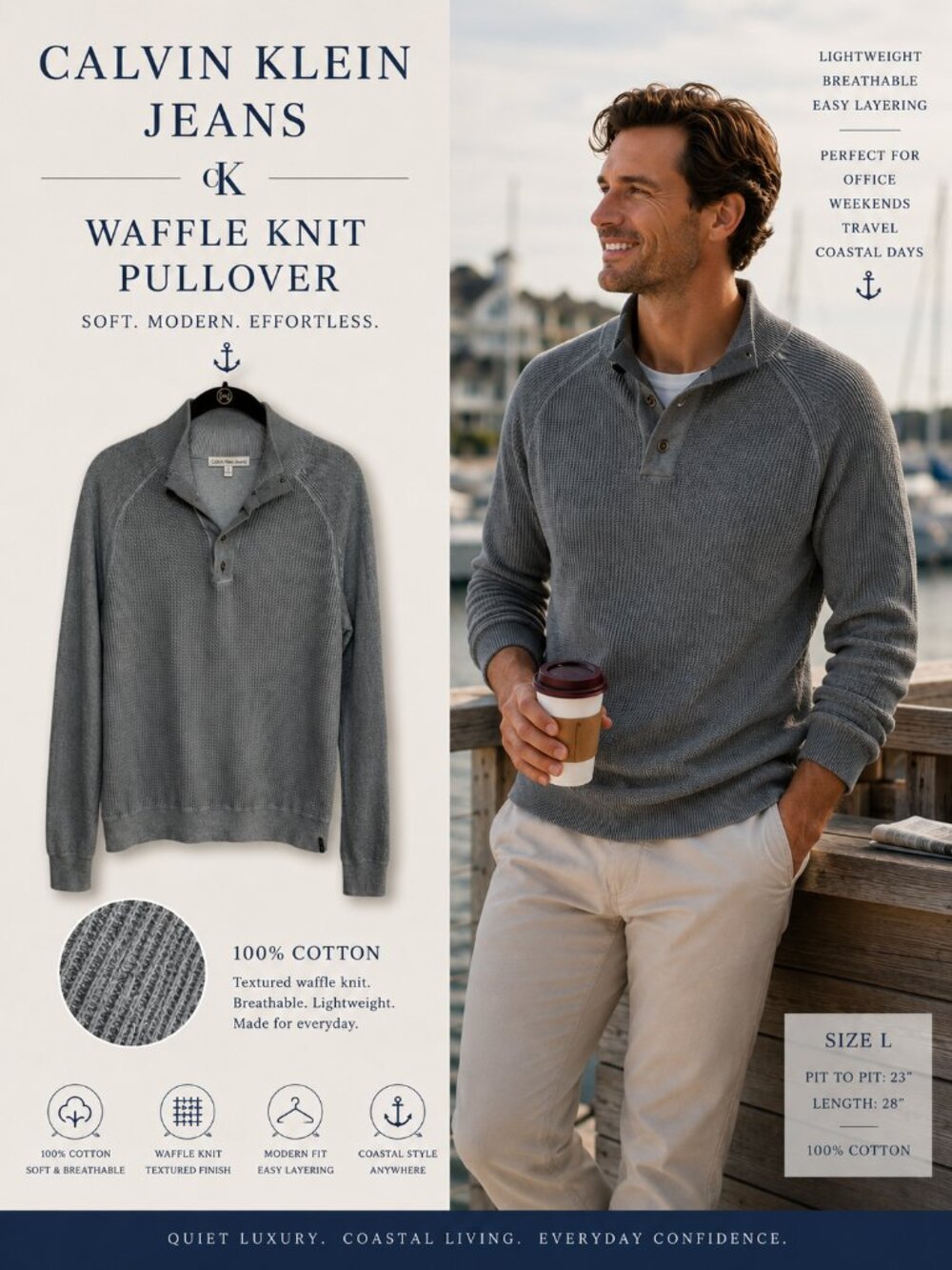 Calvin Klein Jeans Gray Waffle Knit Mock Neck Coastal Henley Sweater Mens L